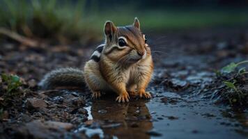 Chipmunk Sitting Near Puddle in Forest Ground Looking Thoughtful photo