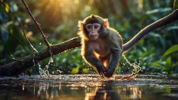 Monkey Running Through Water at Sunset in a Lush Jungle photo