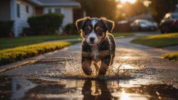 Puppy Running Through Puddle with Splashes During Sunset Warm Light photo