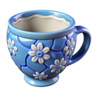 gorgeous intense nordic A cracked ceramic teacup, intricately patterned with blue flowers. NO BACKGROUND with Transparent Background. studio quality png