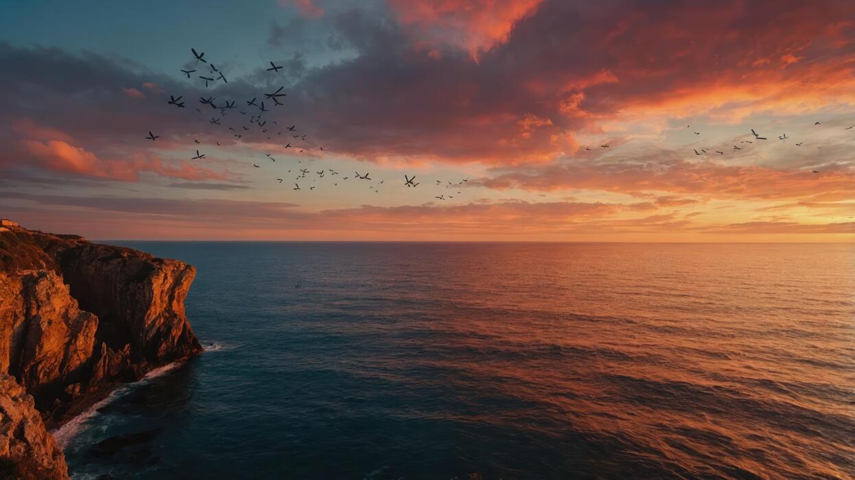 「海岸風景」 Cliffside Overlooking Ocean at Colorful Sunset with Island