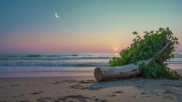 Driftwood with Vines on Sandy Beach at Sunset with Waves photo