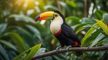 Toucan Perched on Branch in Lush Green Jungle Environment photo