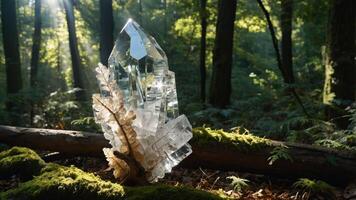 Crystal Cluster Resting on Forest Log with Sunlit Greenery photo