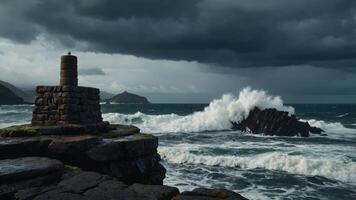 Stone Lookout on Rocky Coastline with Crashing Waves Under Cloudy Sky photo
