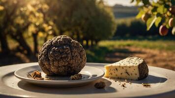 Delicious Cheese and Truffle Combination on a Plate in Nature photo