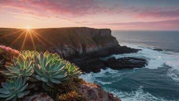 Succulents on Cliff Overlooking Ocean Waves at Sunrise with Sky photo