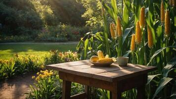 Corn on the Cob Displayed on Wooden Table in Garden Setting photo