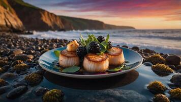 Grilled Scallops with Blackberries on a Beach at Sunset photo