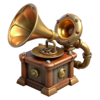 joyful spectacular Steampunk gramophone with a brass horn and a clockwork mechanism. NO BACKGROUND with Transparent Background. 8K png