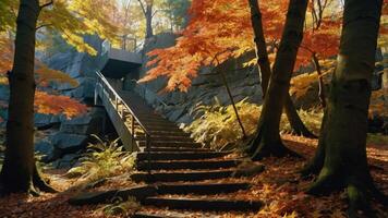 Walking Up the Stairs Into Autumn Colors Through a Forest Pathway photo