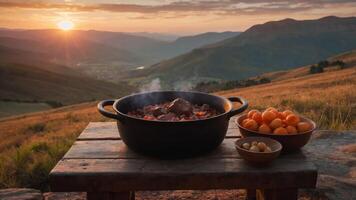 Preparing Hearty Stew Outdoors at Sunset Overlooking Vast Mountain Range photo
