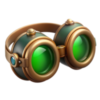 signature classic Steampunk goggles with green lenses and brass accents. NO BACKGROUND with Transparent Background. gallery standard png