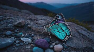Butterfly Resting on Rock with Mountain View Background at Dusk photo