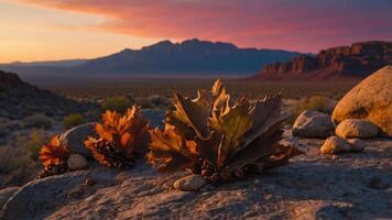 Autumn Leaves on Desert Rock at Sunset with Mountain Backdrop photo