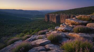 Scenic Mountain Landscape with Rocky Cliffs, Lavender Blooms and Calm Atmosphere photo