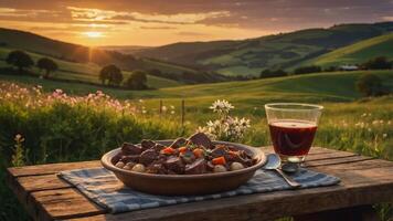 Stew Meal and Drink on Rustic Table with Sunset Hills View photo