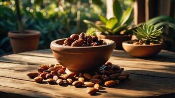 Almonds in Bowl on Rustic Table with Outdoor Garden Setting photo
