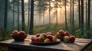 Fresh Apples Displayed on Wooden Table with Forest Sunrise Backdrop photo
