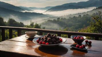 Enjoying Dark Chocolate Truffles and Cherries with a Mountain View photo