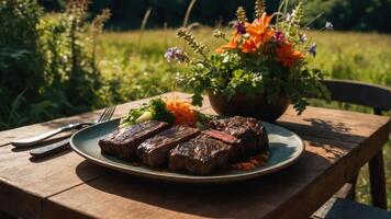 Grilled Beef Meal with Vegetables and Flowers on Wooden Table photo