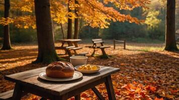 Breakfast Bread and Autumn Leaves Picnic in Forest Setting photo