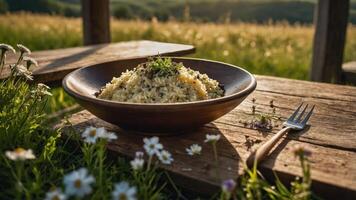 Rice Dish Served Outdoors on Rustic Table in a Field Setting photo