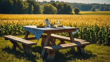 Setting Up a Picnic Table in a Field with Golden Crops photo