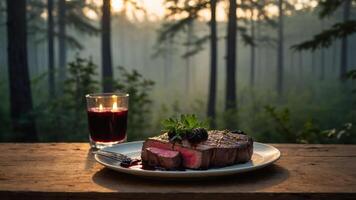 Grilled Steak with Berries and Candle in Forest Setting Outdoors photo