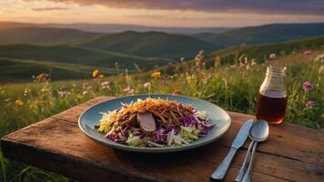 Pulled Pork Salad on Rustic Table Overlooking Rolling Hills photo