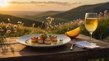 Enjoying Seared Scallops and White Wine in a Scenic Nature Setting photo