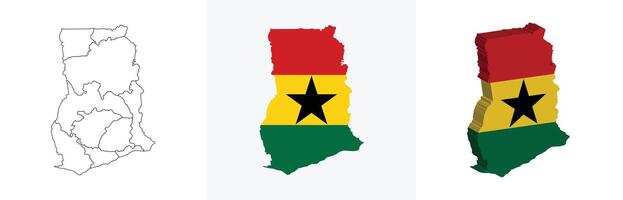 Ghana outline, fill with flag and 3d map vector