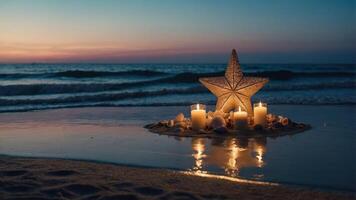 Star and Candles on Beach at Dusk with Ocean Wave Background photo