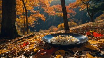 Rice Bowl Presentation in Autumn Forest Setting with Fallen Leaves photo