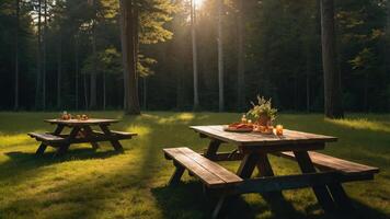 Picnic Tables with Food in Forest Glade Bathed in Sunlight photo