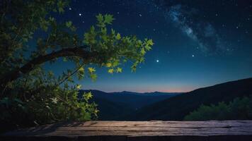 Starry Night Sky Over Distant Mountains From Wooden Deck View photo