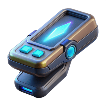 exquisite art deco Futuristic handheld scanner with glowing display and sensor array. NO BACKGROUND with Transparent Background. high quality png