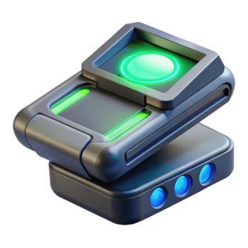 radiant rare Futuristic handheld scanner with glowing display and sensor array. NO BACKGROUND with Transparent Background. png