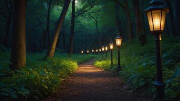 Illuminated Path Through Forest with Glowing Lanterns at Dusk photo