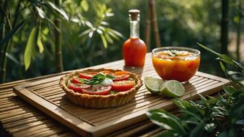 Tomato Tart with Soup and Lime Slices on Wooden Table photo