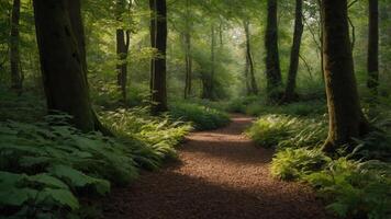 Walking Path Through a Lush Green Forest with Sunlight Filtering Through photo