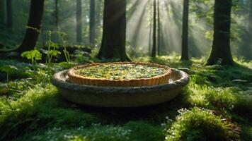 Spinach Quiche Displayed on Stone Dish in Forest Setting photo