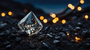 Sparkling Diamond Jewel on Dark Rocks with Bokeh Lights at Night photo