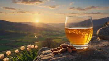 Drink and Almonds Overlook Mountain Valley at Sunset with Tulips photo