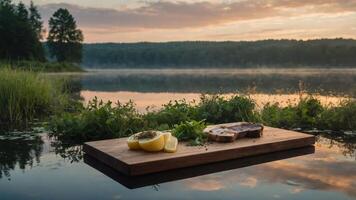 Lake Picnic with Lemon and Meat on a Wooden Board photo