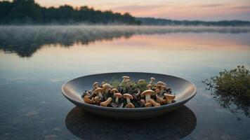Mushrooms in a Bowl by the Lake at Dawn Tranquil Scene photo
