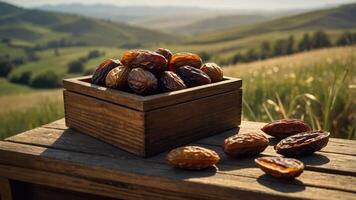 Dates in Wooden Box on Table with Countryside Background photo
