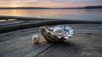 Pearls in Shell at Sunset on Wooden Dock by Lake photo