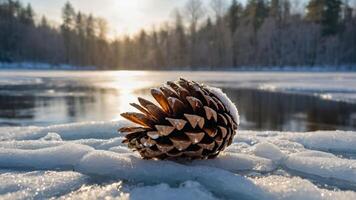 Pine Cone Resting on Ice with Winter Lake Background at Sunset photo