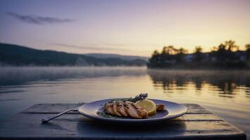 Grilled Chicken on Plate Overlooking Serene Lake at Dusk photo